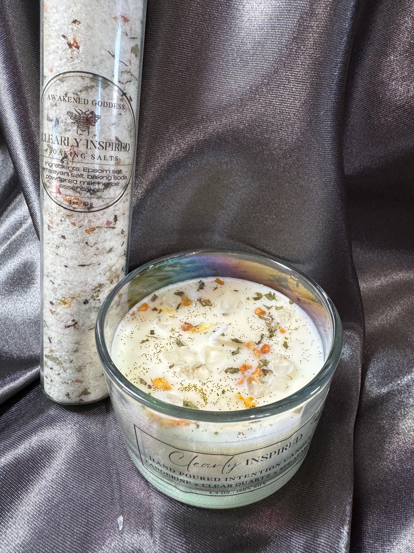 Cleary Inspired Intention Candle infused with herbal intention oils, botanicals and clear Quartz.